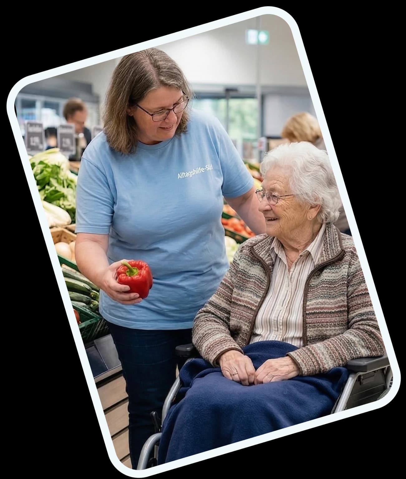 Betreuung und Zuwendung: Team Alltagshilfe-Süd mit Seniorin im Freien