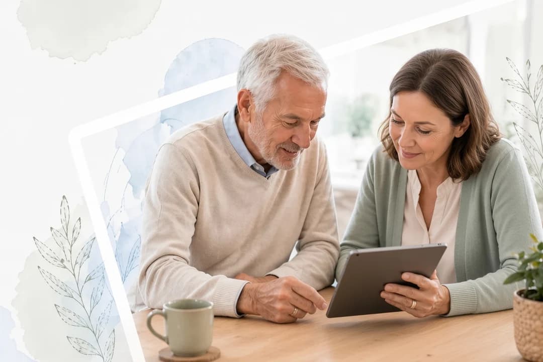 Pflegereform 2027: Tochter hält ein Tablet, das sie gemeinsam mit ihrem Vater am Küchentisch betrachtet